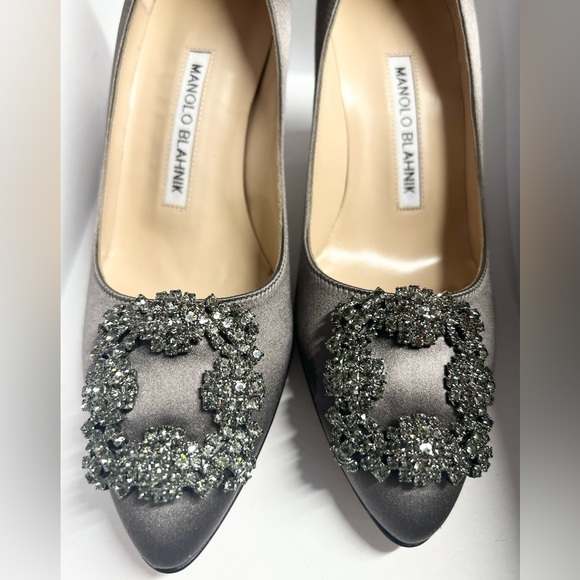 Manolo Blahnik Hangisi Dark Gray Satin Jeweled Buckle heels Pumps - Picture 7 of 10